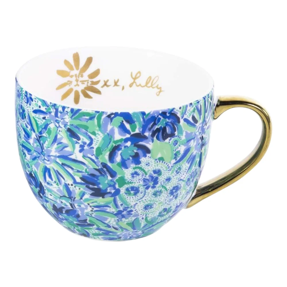 Lilly Pulitzer NIB Set of 2 Coffee Cup Gold Handle 12 oz Blue High Maintenance